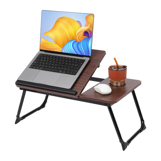 Laptop table for bed, EDWINENE bed tray Foldable Adjustable Laptop Table for Couch, Laptop Bed Desk with Drink Holder, Folding Table for Working Studying Reading Eating (Brown)