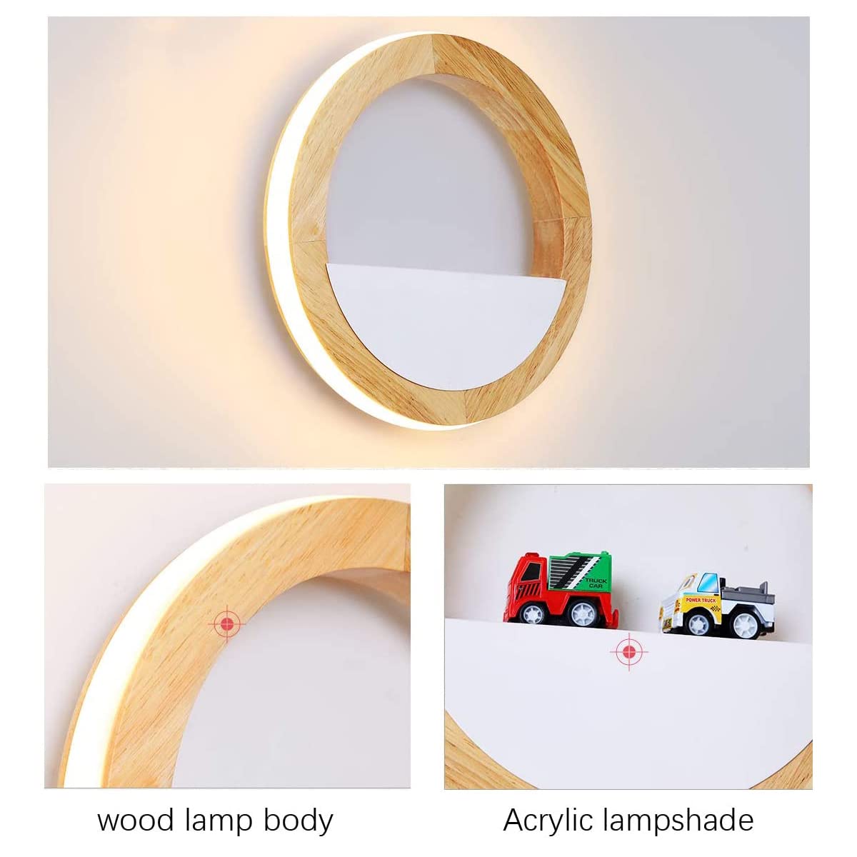 QJUZO Kids Room Wall Light Wood with Plug and Switch, 15W LED Round Indoor Wooden Wall Lamp for Bedroom Night Light Children Bed Lamp, Warm White/Cool White/Neutral White