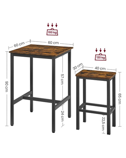 VASAGLE bar table with bar stool set, dining table with 2 chairs, small kitchen table, bar chairs, for dining room, kitchen, vintage brown-ink black LBT017B01