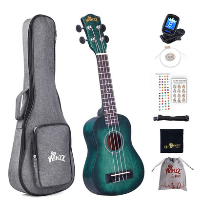 Winzz 21" Soprano Ukulele Beginner Set for Children Adults, Unique Color Design, with Bag, Tuner, Extra Strings, Strap, Note Stickers, Polishing Cloth - Dark Cyan