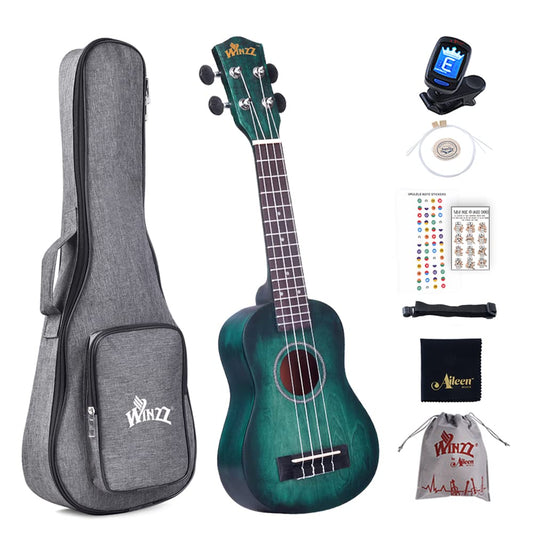Winzz 21" Soprano Ukulele Beginner Set for Children Adults, Unique Color Design, with Bag, Tuner, Extra Strings, Strap, Note Stickers, Polishing Cloth - Dark Cyan