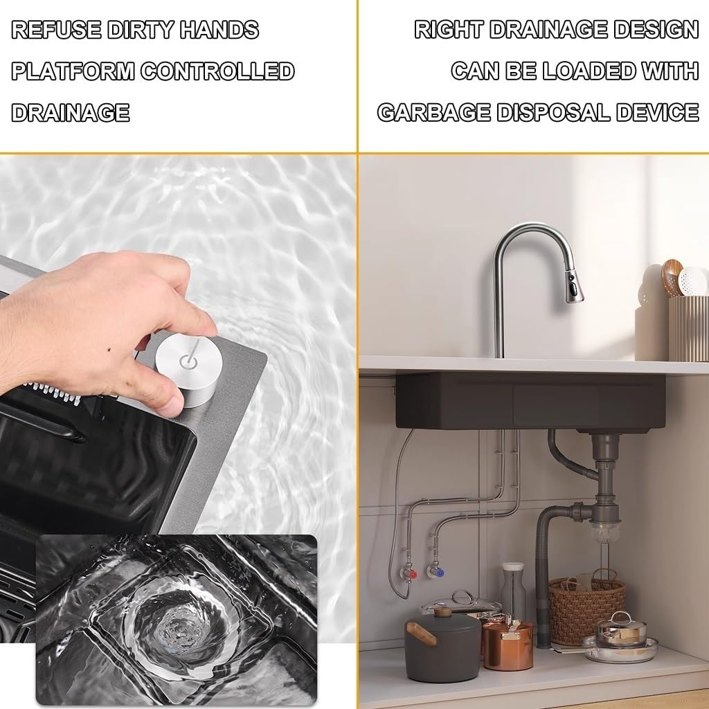 304 stainless steel waterfall sink with digital display, bar sink with tool holder, nano-coated workstation sink with pull-out faucet and cup washing system (size: 75 x 46 x 21 cm).