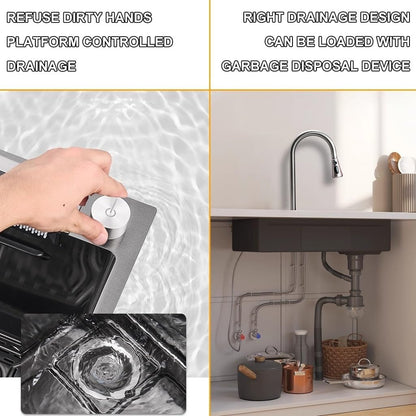 304 stainless steel waterfall sink with digital display, bar sink with tool holder, nano-coated workstation sink with pull-out faucet and cup washing system (size: 75 x 46 x 21 cm).