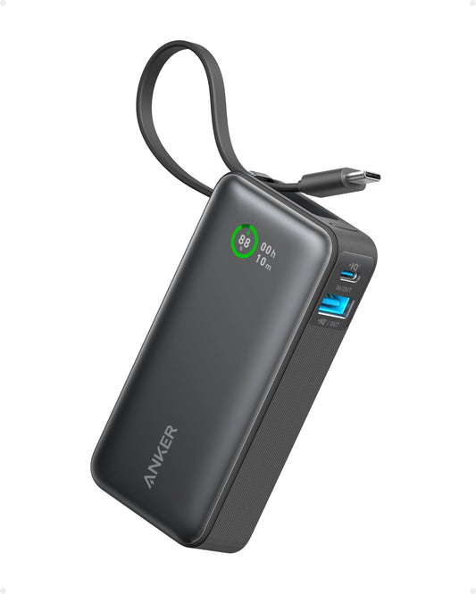 Anchor Nano Powerbank, 10,000mAh power bank with built-in USB-C cable, PD 30W maximum power with 1xUSB-C, 1xUSB-A, for iPhone 17/16/15/14, MacBook, Galaxy, iPad, AirPods, and more (Black)