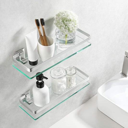 Mgchowue Glass Bathroom Shelf, Glass Shelf Wall Shelf 60 80cm Bathroom Shelf Storage Rack - with chrome rail & 8mm tempered glass bathroom shelf