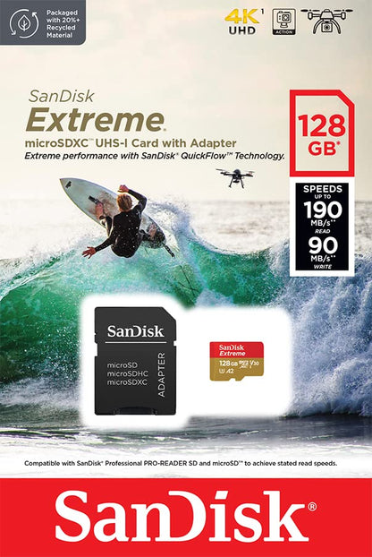 SanDisk Extreme microSDXC UHS-I Memory Card 128GB for action cams and drones + Adapter + RescuePRO Deluxe (up to 190MB/s, A2, Class 10, U3, V30)