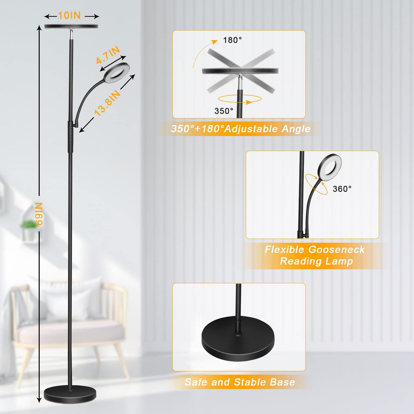LED floor lamp for living room, dimmable, 42W 3600LM torchiere lamp with reading light, remote control & touch control, 1-minute installation, modern floor lamp for living room, office, dining room, bedroom (black)