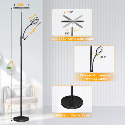 LED floor lamp for living room, dimmable, 42W 3600LM torchiere lamp with reading light, remote control & touch control, 1-minute installation, modern floor lamp for living room, office, dining room, bedroom (black)