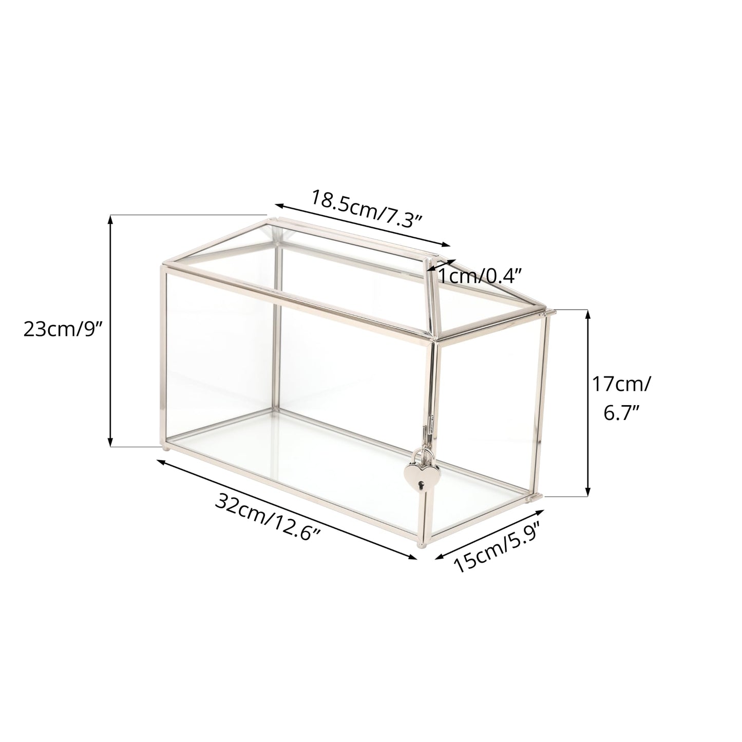 NCYP 32x15x23cm Silver Wedding Card Box made of glass with slot and lock. Handmade decoration for thank you cards, keepsakes, envelopes, terrarium (Glass box and lock only)