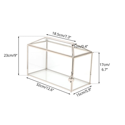 NCYP 32x15x23cm Silver Wedding Card Box made of glass with slot and lock. Handmade decoration for thank you cards, keepsakes, envelopes, terrarium (Glass box and lock only)