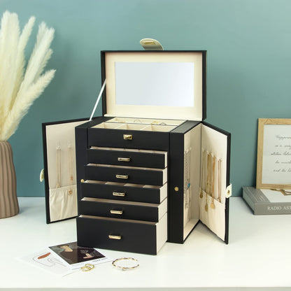 KAMIER 6-tier jewelry box made of high-quality natural wood with luxurious flannel and large mirror - Spacious jewelry case with side-opening doors for rings, earrings, & bracelets, Black