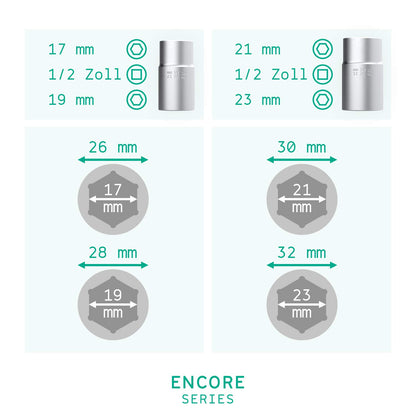 Wiha 1893 Telescope Wheel Nut Wrench Set 4pcs. With 17/19mm and 21/23mm sockets and extendable tire wrench I 0.5-inch drive I includes storage pouch I 80249