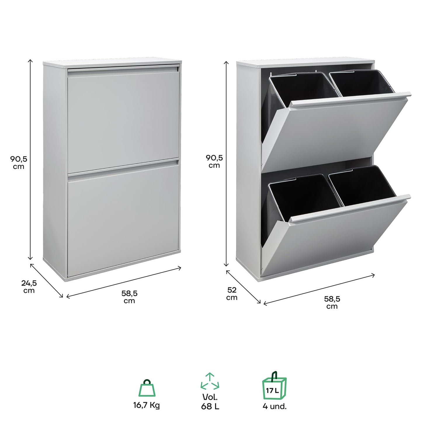 ARREGUI Basic CR602-B Steel Recycling Bin | 4 compartments for kitchen waste | 4x17L (68L) | Removable inner bins with handles | Recycling cabinet | Light grey