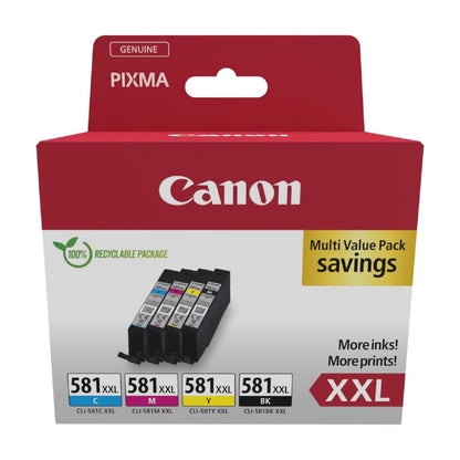 Canon Ink Cartridges - CLI-581 C M Y BK Original XXL High Capacity Printer Cartridges 4 Pack (1 x XXL Black, 1 x Cyan, 1 x Magenta, 1 x Yellow)