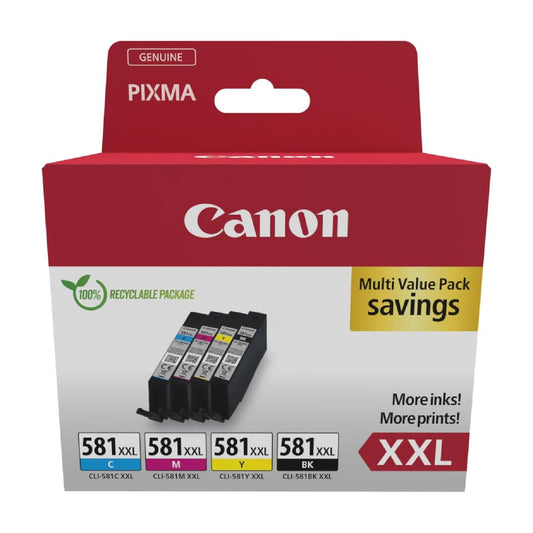 Canon Ink Cartridges - CLI-581 C M Y BK Original XXL High Capacity Printer Cartridges 4 Pack (1 x XXL Black, 1 x Cyan, 1 x Magenta, 1 x Yellow)