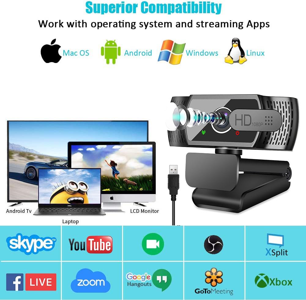 Full HD 1080P webcam with microphone and tripod, automatic light correction, Neefeaer USB PC webcam with cover, 97° wide angle, PC camera for PC, laptop, computer, Linux, Mac