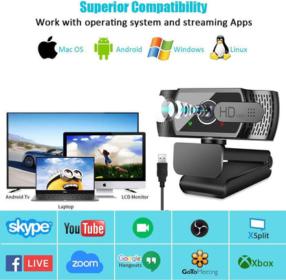 Full HD 1080P webcam with microphone and tripod, automatic light correction, Neefeaer USB PC webcam with cover, 97° wide angle, PC camera for PC, laptop, computer, Linux, Mac
