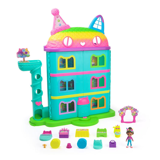 Gabby's Dollhouse, 15-piece Purrfect Party dollhouse playset in rainbow colors, over 60cm with Gabby figure, furniture, and sound effects, for ages 3 and up.