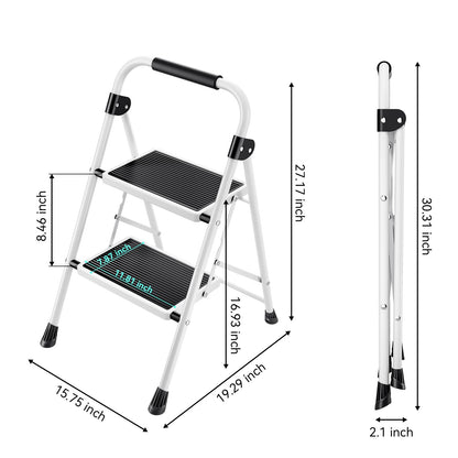 KINGRACK 2-Step Ladder, Step Ladder with Handrails, Folding Step Stool, Folding Step Stool for Adults with Handle, Household Ladder Anti-Slip Stable and Wide Pedal, White