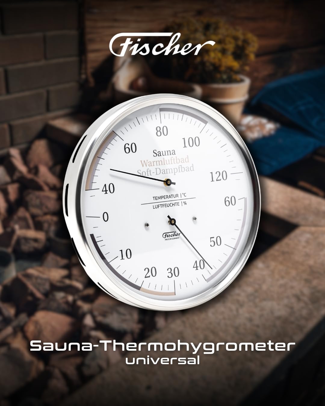 Fischer 185.01 Sauna Universal Thermohygrometer - 160mm Hair Hygrometer and Bimetal Thermometer made of stainless steel. Made in Germany.