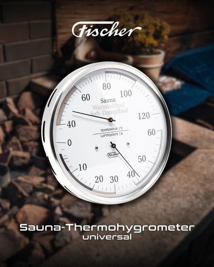 Fischer 185.01 Sauna Universal Thermohygrometer - 160mm Hair Hygrometer and Bimetal Thermometer made of stainless steel. Made in Germany.