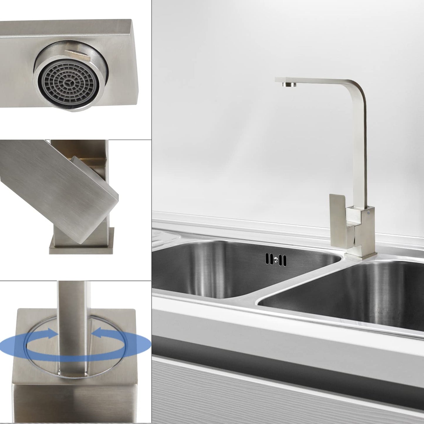 Mursche Kitchen Faucet Brushed High Pressure - Stainless Steel Mixer Tap 360° Swivel Sink Faucet 34CM Single Lever Mixer Faucets for Sink Garden Bathroom