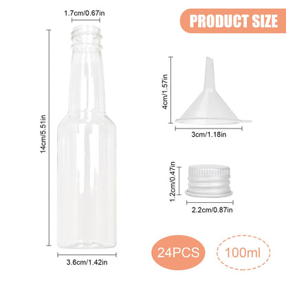24 mini bottles, 100ml plastic bottles, empty small liquor bottles with funnel, miniature bottles with cap, alcohol bottles sauce bottles for weddings parties (gold cap)