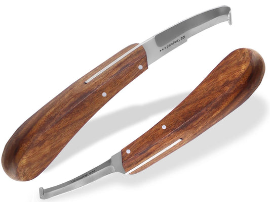 Professional hoof knife 2-piece set for horses. Double-sided sharp blades, thin and wide. Claw knife, groove knife for cattle hoof care. Farrier tool with curved hooks. Special steel, rustproof. Ergonomic handle.