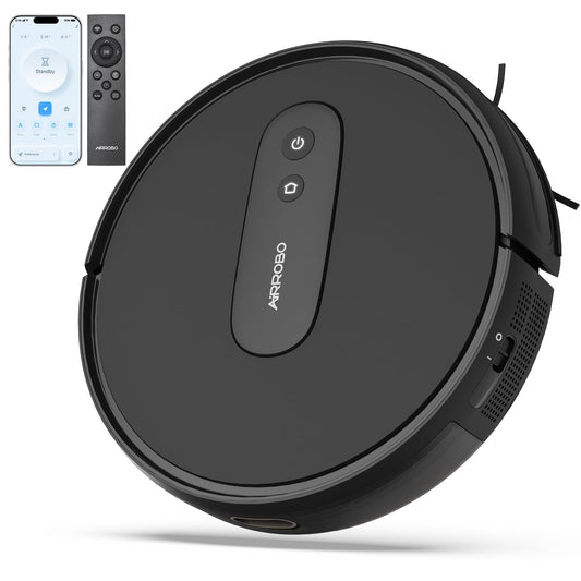 AIRROBO P25 robot vacuum cleaner with 2800 Pa suction power, suitable for pet hair, hard floors, and carpets. Compatible with Alexa and app control, with a running time of 120 minutes and a remote control.