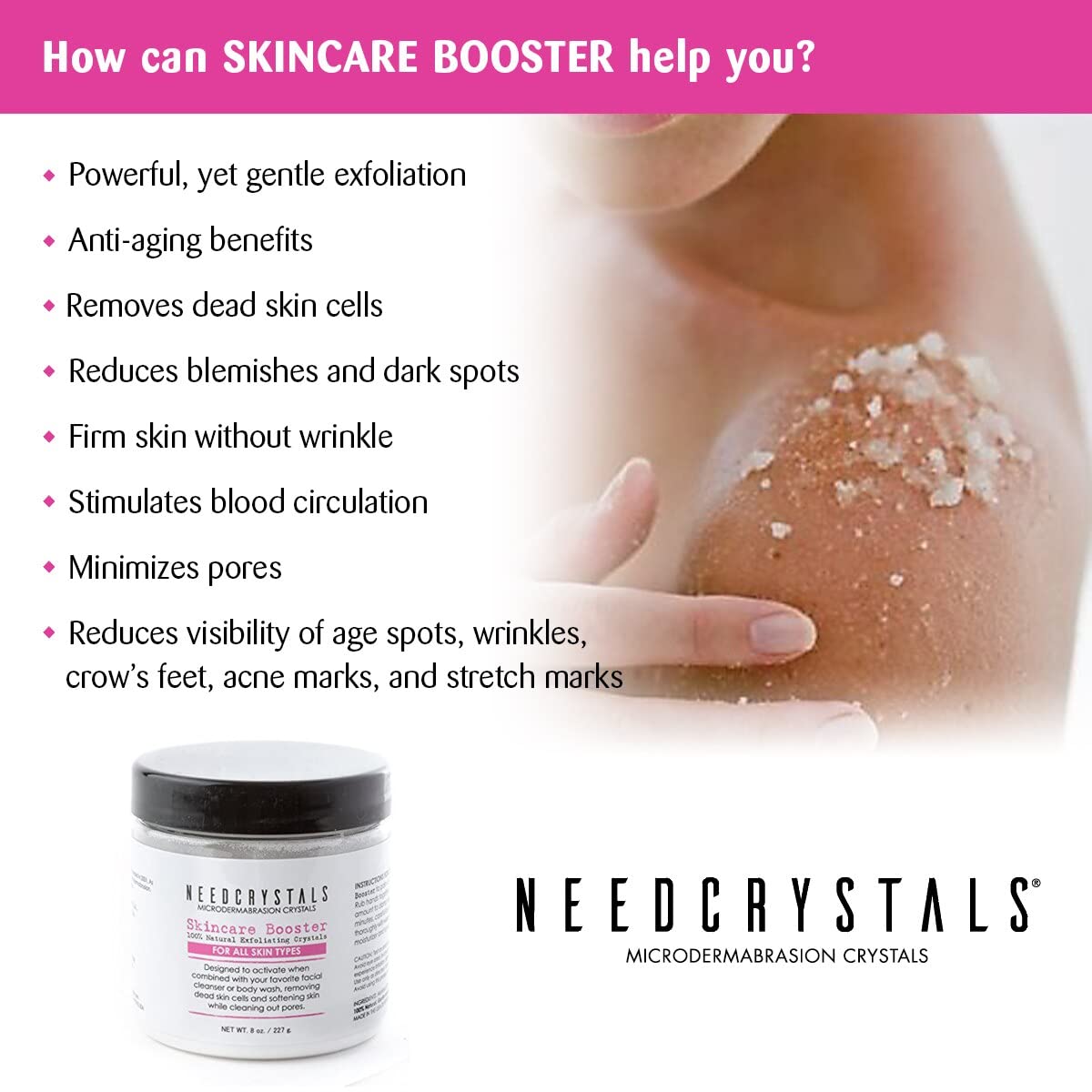 NeedCrystals Microdermabrasion Crystals, facial scrub. Natural face scrub for dull or dry skin improves scars, blackheads, pore size, wrinkles, spots, and skin texture. 227g