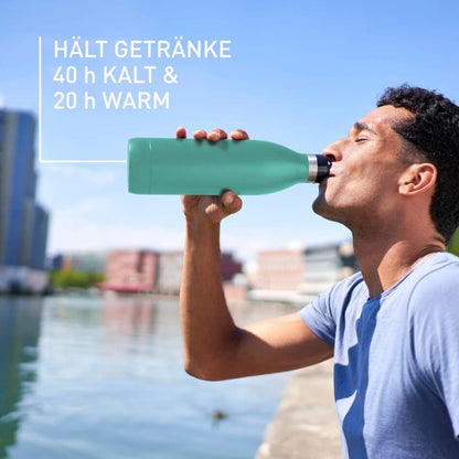 Emsa Bludrop insulated drinking bottle, 1 liter, 100% leak-proof, Quick-Press closure, ergonomic 360° drinking experience, keeps warm for 20h, cold for 40h, easy to clean, stainless steel, powder coating, Petrol color, N31121