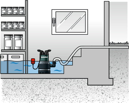 Metabo Combo Submersible Pump TPS 14000 S Combi - 0251400000 - Rated power input: 770 W - Max. Flow rate: 14000 l/h and max. Delivery head 8.5 m - Max. Immersion depth: 7 m - 245 x 179 x 360 mm