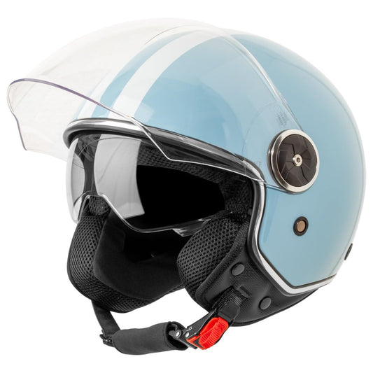 VINZ Arenas jet helmet with dual visor | scooter helmet with stripes & sun visor | Available in sizes XS-XXL | ECE 22.06 certified | Motorcycle helmet with visor | Many colors available - Light blue