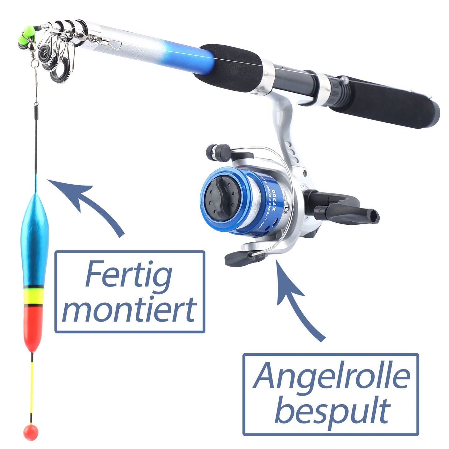 Q-Tac - Kids Fishing Set [Fully assembled & spooled reel] For kids 4 years and up, fishing rod 165 cm, complete Blue Fishing Set