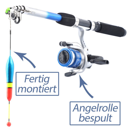 Q-Tac - Kids Fishing Set [Fully assembled & spooled reel] For kids 4 years and up, fishing rod 165 cm, complete Blue Fishing Set