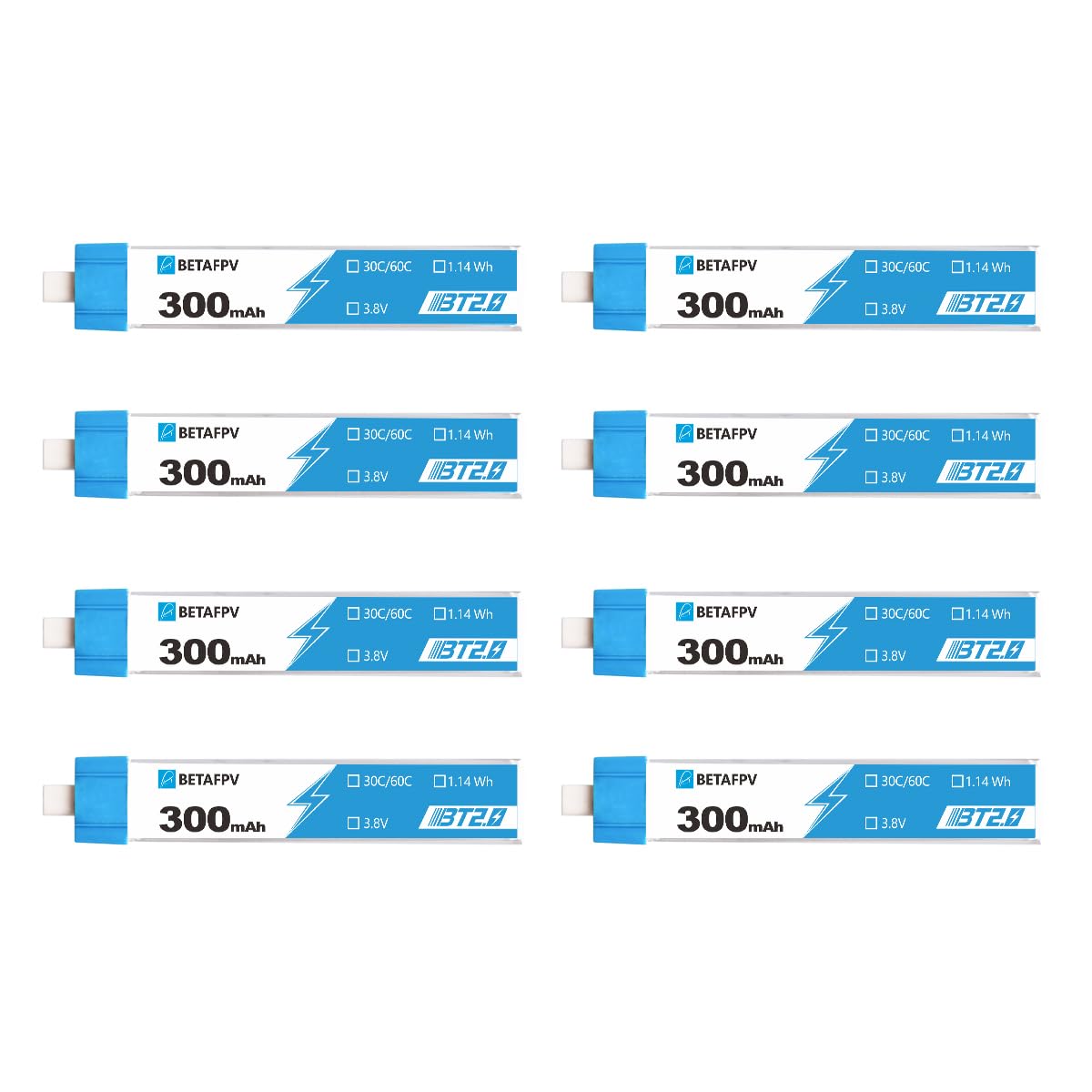 BETAFPV 8pcs BT2.0 300mAh 1S Lipo Battery 3.8V 30C/60C FPV Lipo with 1.0mm Banana Connector for FPV Whoop Drone Like Cetus FPV Kit Meteor65 Beta65S Lite Micro Whoop Drone