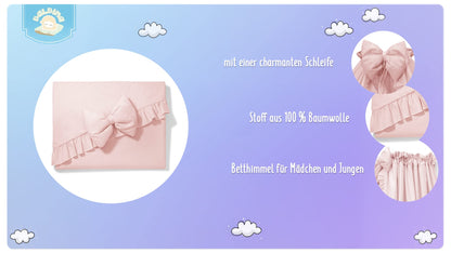 Balbina canopy 100% cotton, decoration set for crib, bed canopy with ruffle & bow, mosquito net for nursery, opaque bed curtain without canopy rod, 240 x 165 cm, powder pink light.