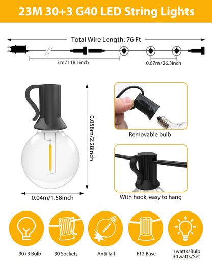 Woolmug outdoor string lights, 23m long with 30+3 G40 LED bulbs, waterproof for Christmas, wedding, and party decorations in warm white.