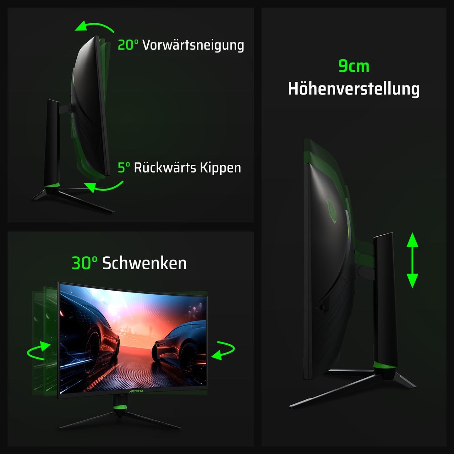 Aryond A32 V2 Curved Gaming Monitor, 32 inch (80cm), 180Hz, 1500R, QHD (2560x1440), 1ms, HDR, FreeSync & G-Sync, 122% SRGB, Eye Care, Built-in Speaker, HDMI, Display Port, Height Adjustable.