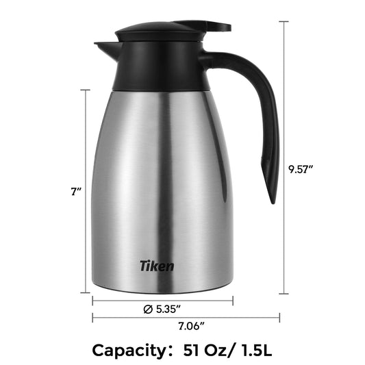 Tiken 1.5L stainless steel double-walled vacuum insulated thermos flask, insulated coffee pot, silver.