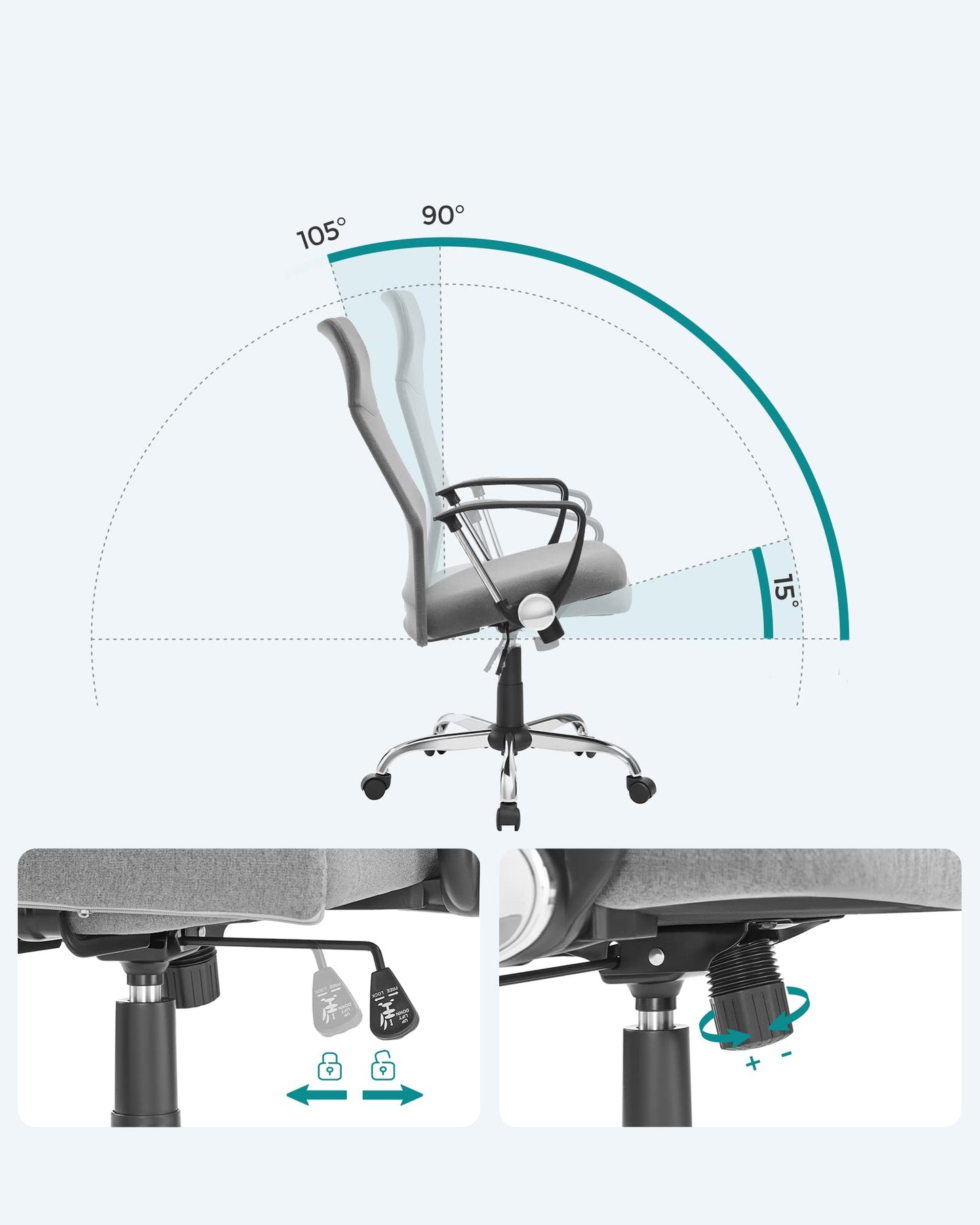 SONGMICS Office Chair, Ergonomic Desk Chair, Swivel Chair, Padded Seat, Height and Tilt Adjustable, Supports up to 120 kg, Gray OBN034G01