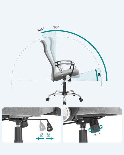 SONGMICS Office Chair, Ergonomic Desk Chair, Swivel Chair, Padded Seat, Height and Tilt Adjustable, Supports up to 120 kg, Gray OBN034G01