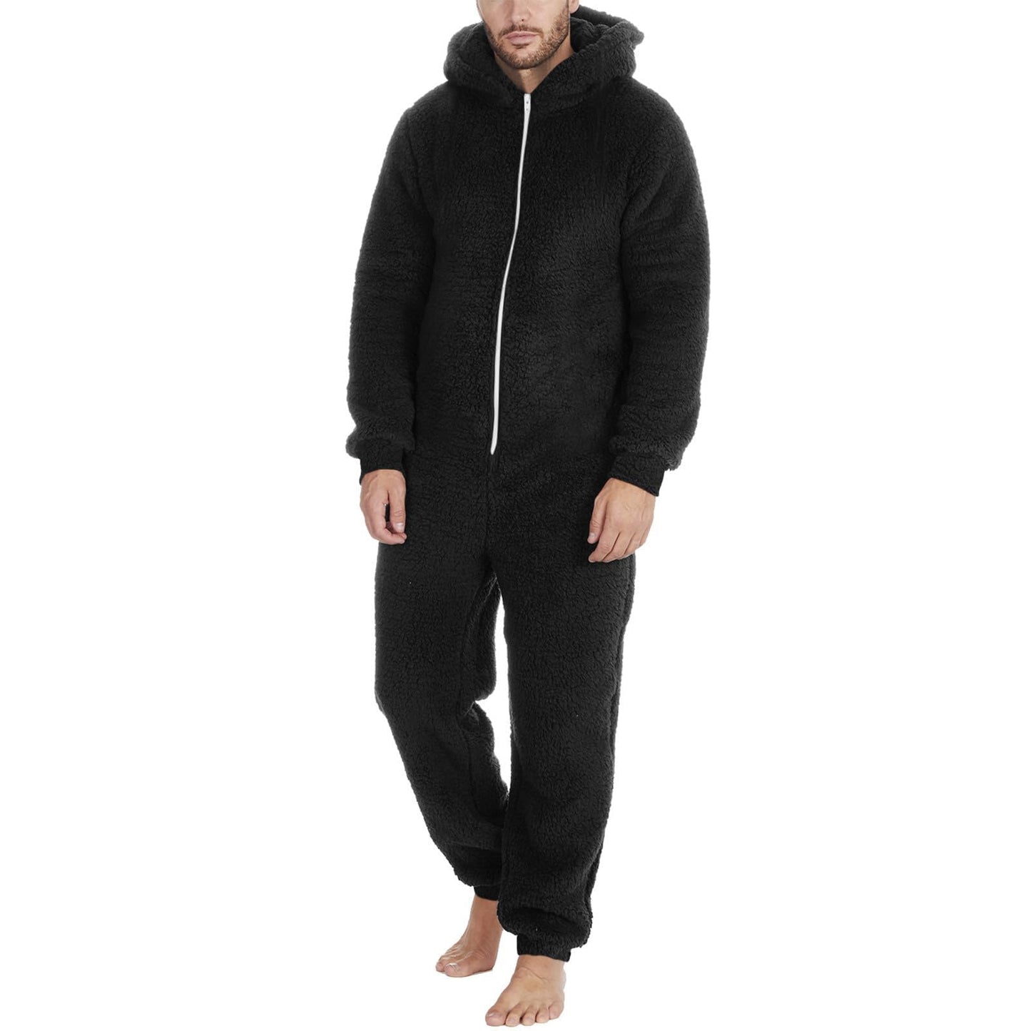 Men's teddy fleece jumpsuit onesie in large size, perfect for winter nights. Warm and fluffy with a hood, this cozy sleepwear is great for lounging around.