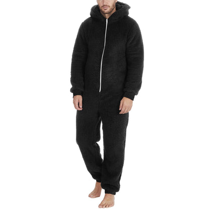 Men's teddy fleece jumpsuit onesie in large size, perfect for winter nights. Warm and fluffy with a hood, this cozy sleepwear is great for lounging around.