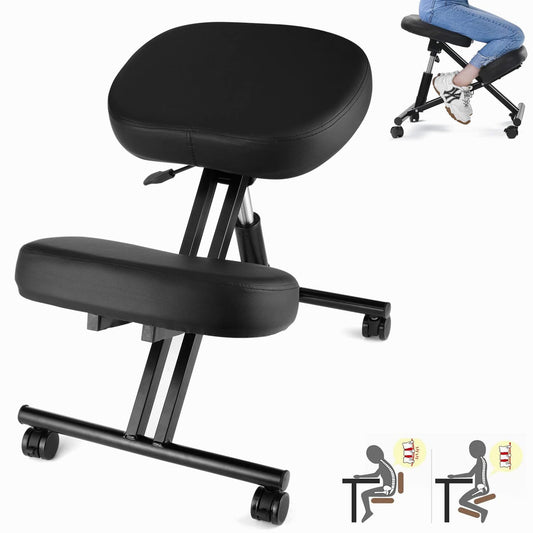 COOCHEER Knee Chair Ergonomic, Adjustable Chair for Office Home, PU Leather Office Stool with Knee Rest to Improve Posture, Desk Chair with Wheels, 3" Cushion