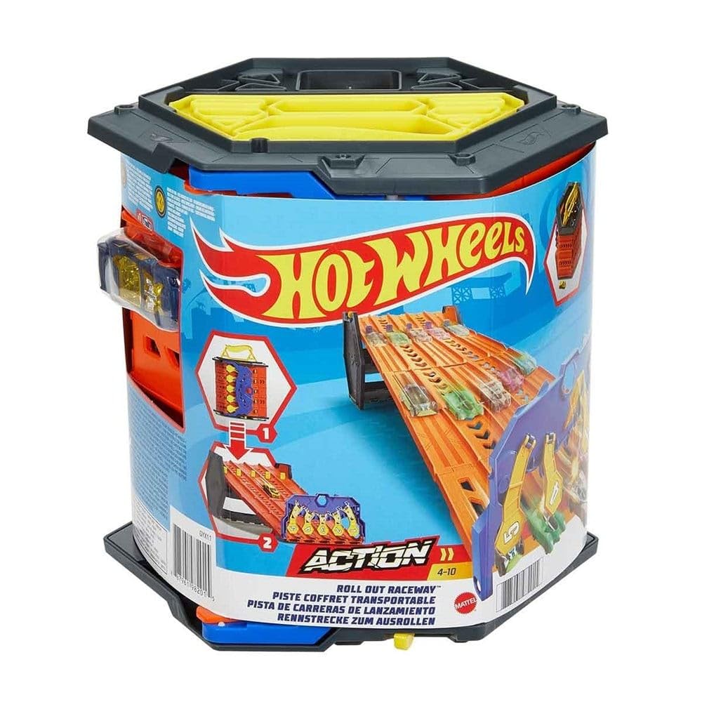 Hot Wheels GYX11 - Rollout Raceway Trackset, can be rolled out into a five-lane racetrack, storage container, toy car racetrack for kids ages 4 and up.
