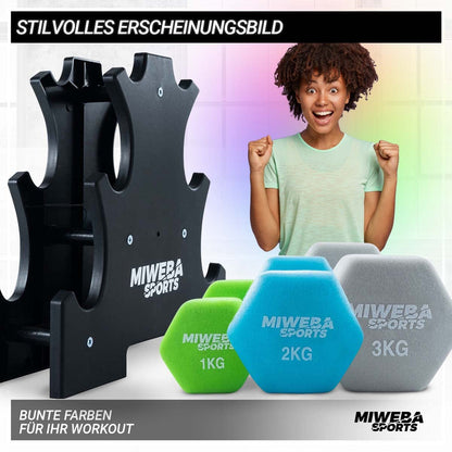 Miweba Sports Neoprene/Vinyl Dumbbell Set/Dumbbell Rack | Profi Dumbbell - Hex Dumbbell Sets 1.0-3.0 Kg - Short Dumbbells - Dumbbell Set - Gym Dumbbells - Dumbbell Set - Dumbbell Stand