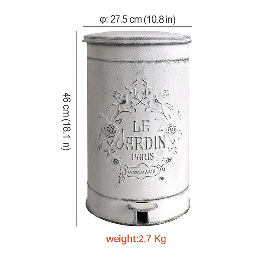 All chic retro iron trash can round vintage trash can with wrought iron pedal kitchen trash can with lid for park garden bathroom bedroom indoor outdoor, 17 liters/4.5 gallons, white.