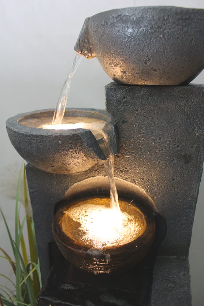 Arnusa Large Garden Fountain with LED Lighting, Cascade Water Feature, Garden Decoration, Black, Gray