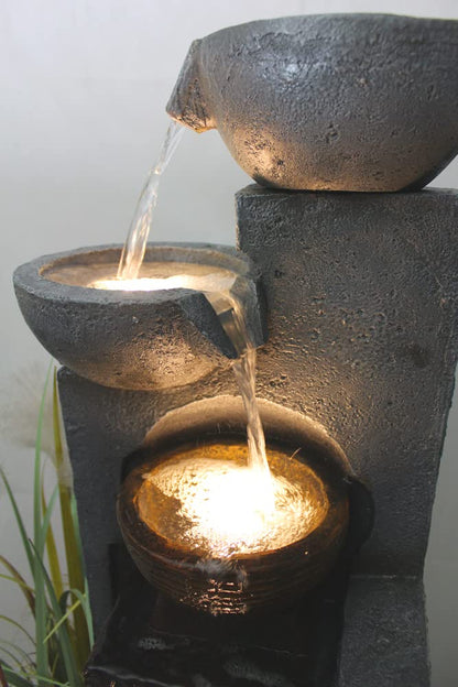 Arnusa Large Garden Fountain with LED Lighting, Cascade Water Feature, Garden Decoration, Black, Gray